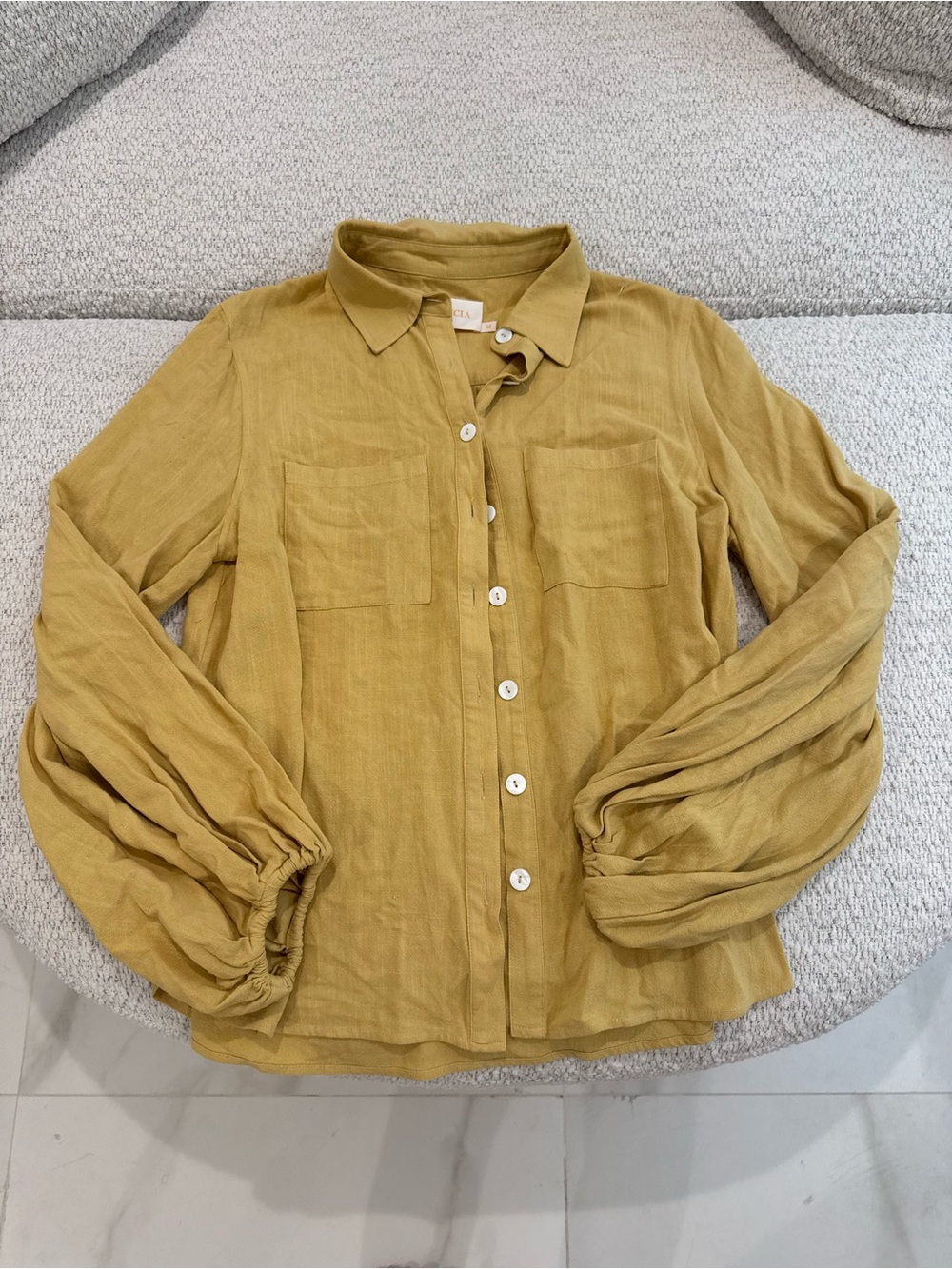 SANCIA Yellow Button Up Blouse Balloon Sleeve Top